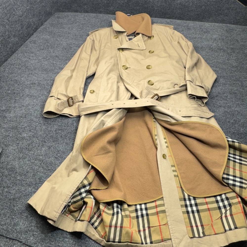Vintage Burberrys Trench Coat Mens Large Tan Nova Check Wool Camel Liner Belted